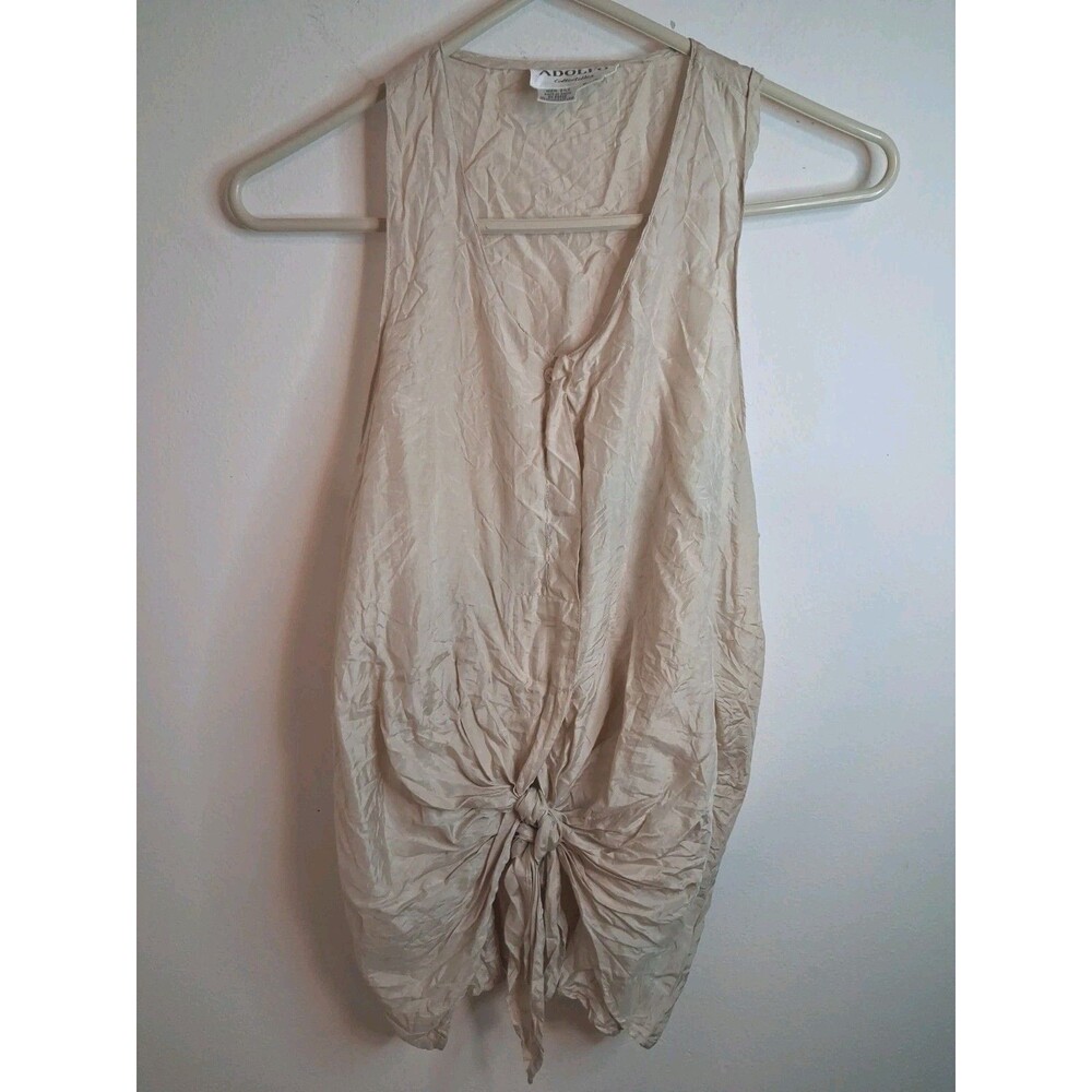 Adolfo 100% Silk Sleeveless Top M Beige Tie Waist Summer Vacation Coastal Boho